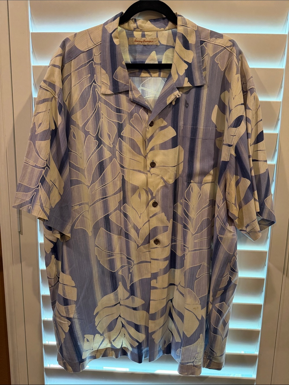 Tommy Bahama XXL 100% Silk Casual Blue & Cream Leaf-Print Men's Button Shirt